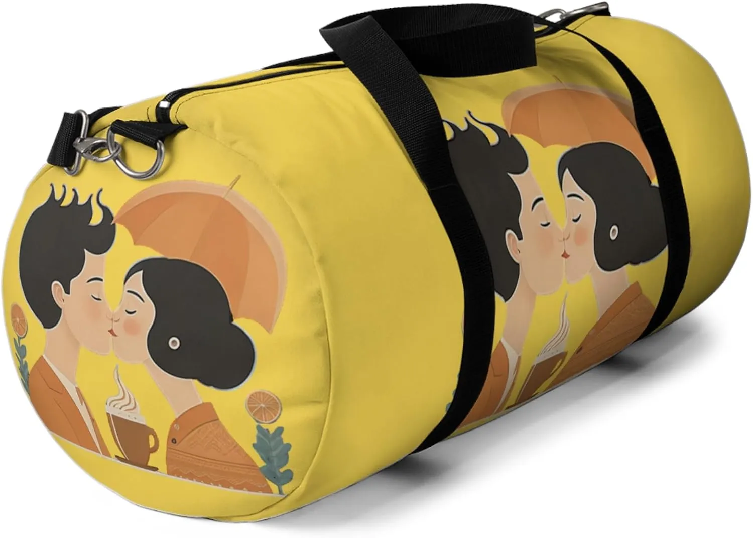 Romantic Coffee Kiss Duffel Bag – Warm Vintage Couple Print – Lightweight Travel Bag with Black Straps