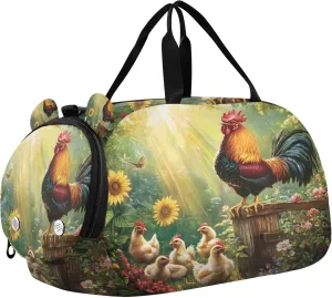 Rooster Hen and Several Chicks Sports Duffle Bag for Teens Girls Boys, Gym Bag with Shoe Compartment, Kids Travel Overnight Weekender Shoulder Bag