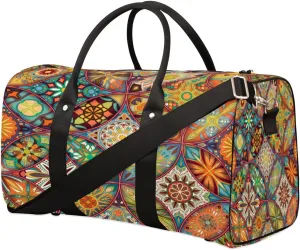 Round Ethnic Motifs Travel Duffle Bag Waterproof Foldable Weekender Bags for Women and Men Durable Carry on Overnight Bag with Shoulder Strap Lightweight Sports Gym Tote Bag