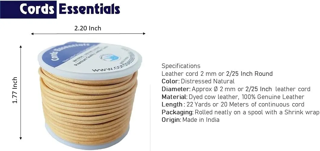 Round Genuine Leather String Cord, Rope for Jewelry Making, Necklaces, Bracelets, Kumihimo Braiding, Wraps, Crafts and Hobby Projects (Distressed Natural, 2.0 MM)