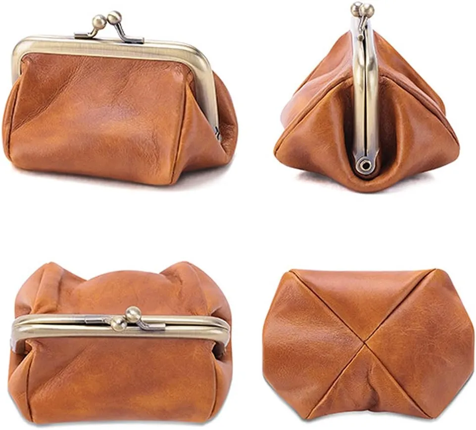 ROUROU Genuine Leather Clutch Bag for Women Kiss Lock Wallet Retro Coin Purse Coin Organizer Cute Purse