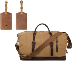 S-ZONE Oversized Leather Canvas Duffel Shoulder Weekender Mens Overnight Bag with Leather Luggage Tags