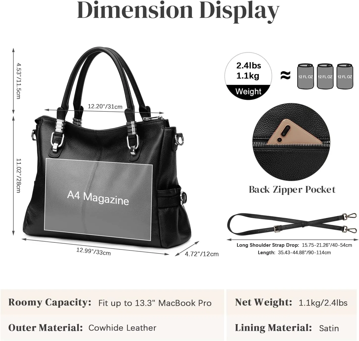 S-ZONE Women Genuine Leather Handbag Shoulder Purse Satchel Tote Crossbody Bag