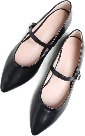 SAILING LU Women's Pointy Toe Mary Jane Flats PU Leather Buckle Fashion Vintage Wedding Dress Flats Shoes