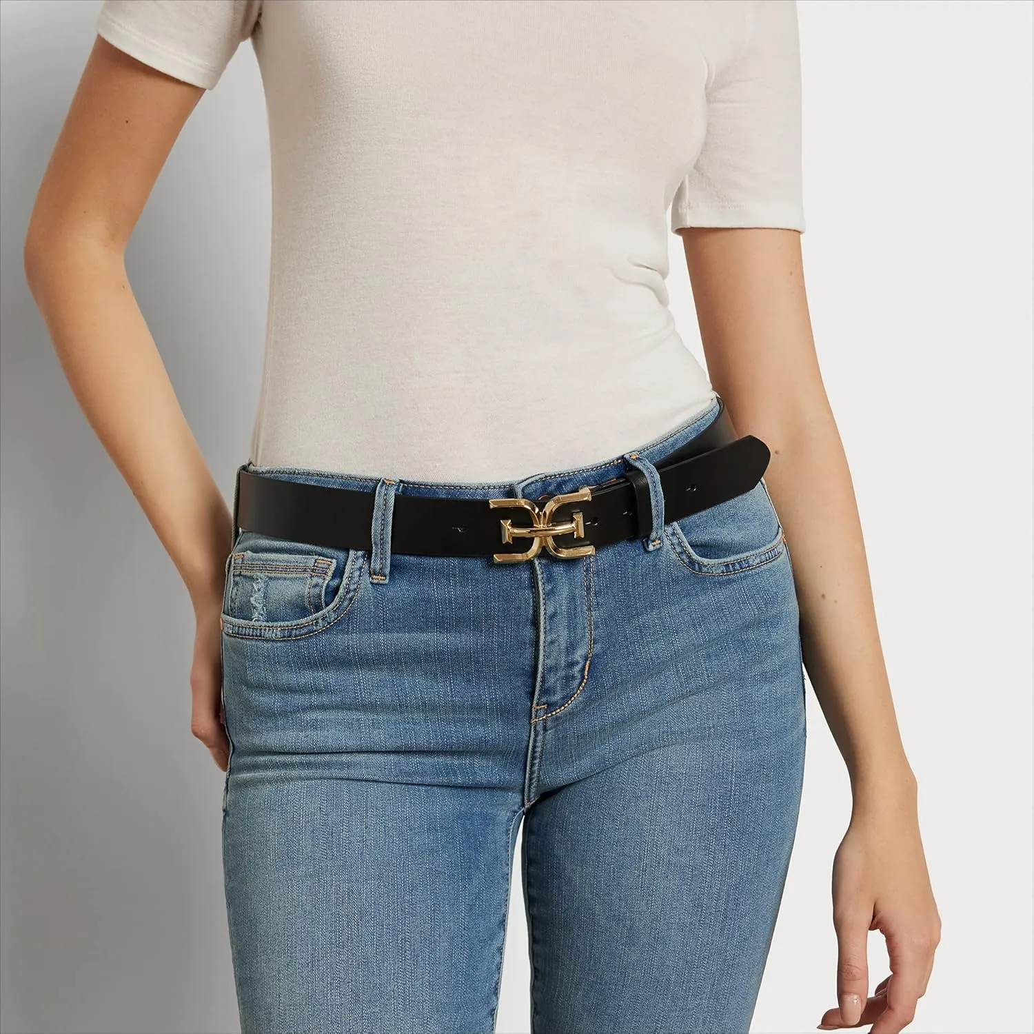 Sam Edelman Women's Casual Double-E Logo Plaque Buckle Leather Belt for Jeans and Trousers
