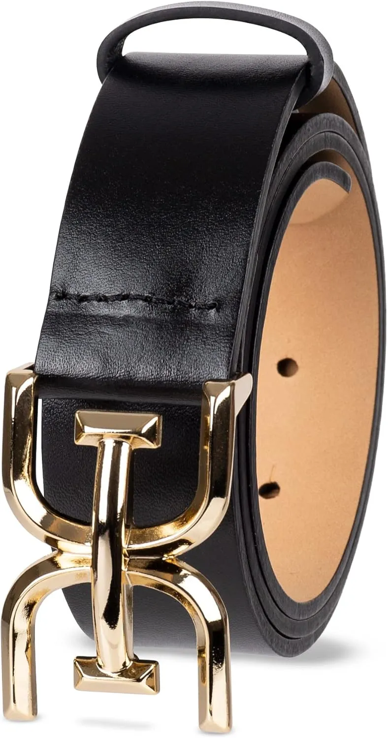 Sam Edelman Women's Casual Double-E Logo Plaque Buckle Leather Belt for Jeans and Trousers
