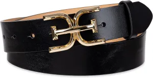 Sam Edelman Women's Casual Double-E Logo Plaque Buckle Leather Belt for Jeans and Trousers