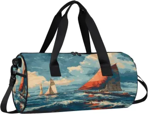 Sea Sailboat Travel Gym Bag Waterproof Sport Dance Bag for Women Men Portable Gymnastics Duffel Bags Canvas Tote Carry on Handbag for Workout Overnight Weekender