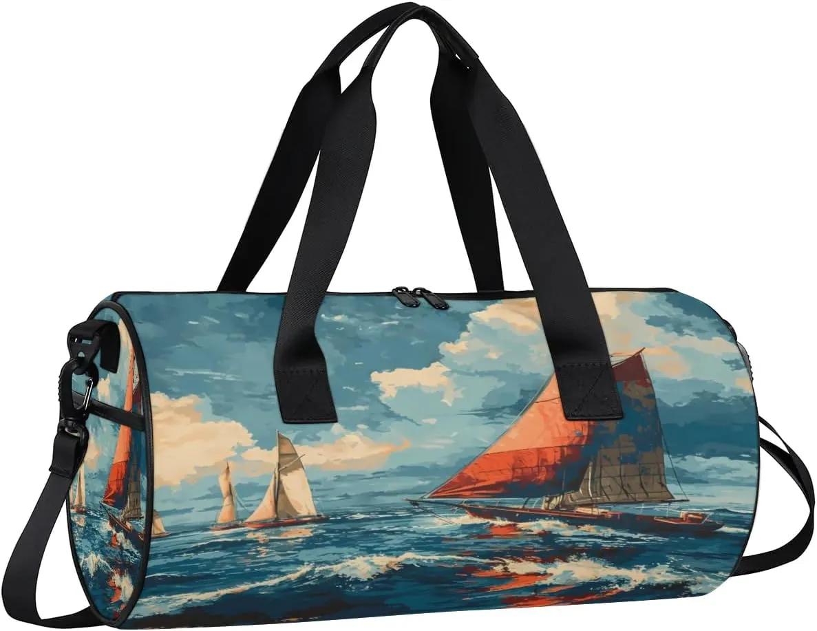 Sea Sailboat Travel Gym Bag Waterproof Sport Dance Bag for Women Men Portable Gymnastics Duffel Bags Canvas Tote Carry on Handbag for Workout Overnight Weekender