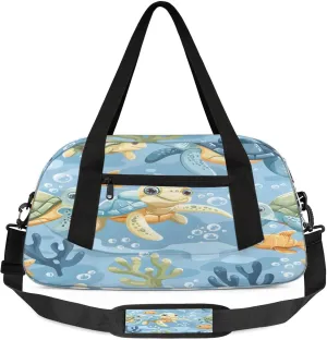 Sea Turtle Kids Duffel Bag Lightweight Waterproof Sports Gym Bag with Front Zipper Pocket Foldable Weekender Overnight Bag for School Practice Gymnastic Ballet