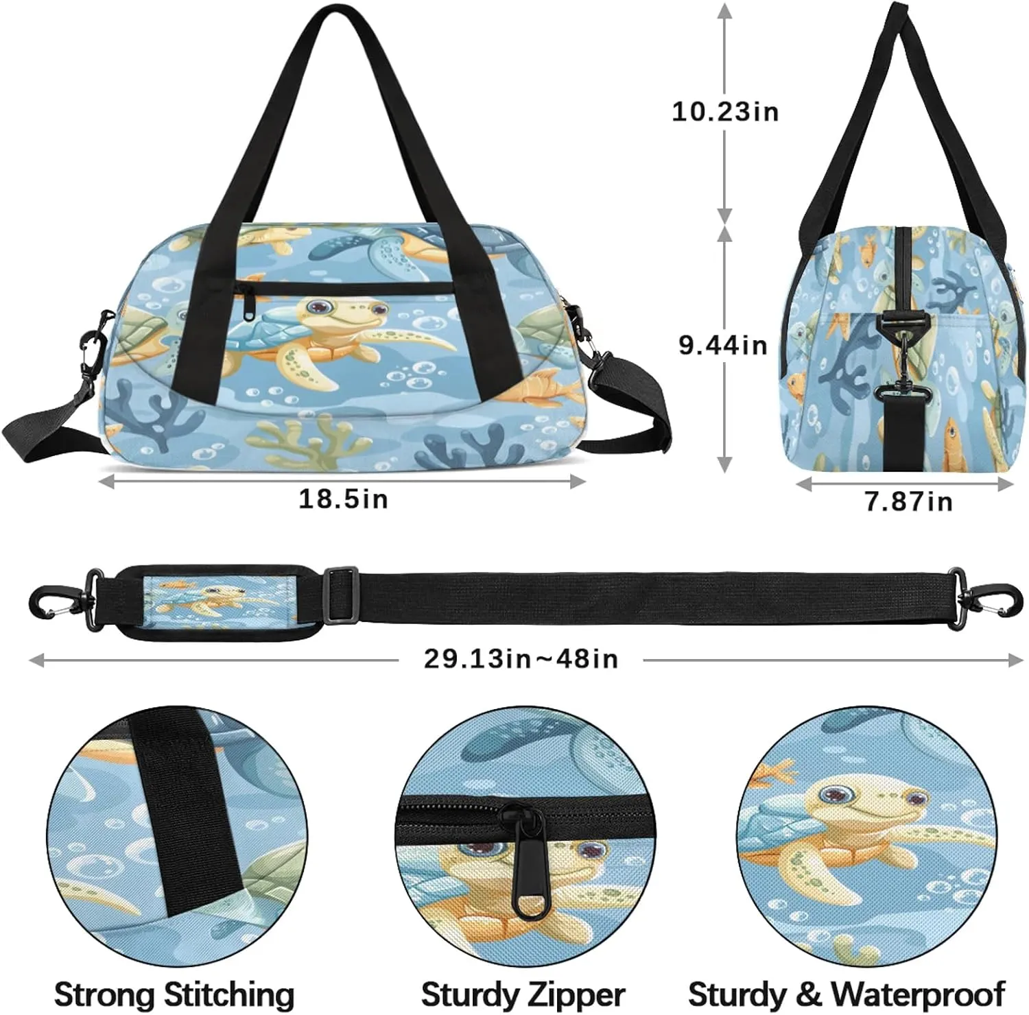 Sea Turtle Kids Duffel Bag Lightweight Waterproof Sports Gym Bag with Front Zipper Pocket Foldable Weekender Overnight Bag for School Practice Gymnastic Ballet
