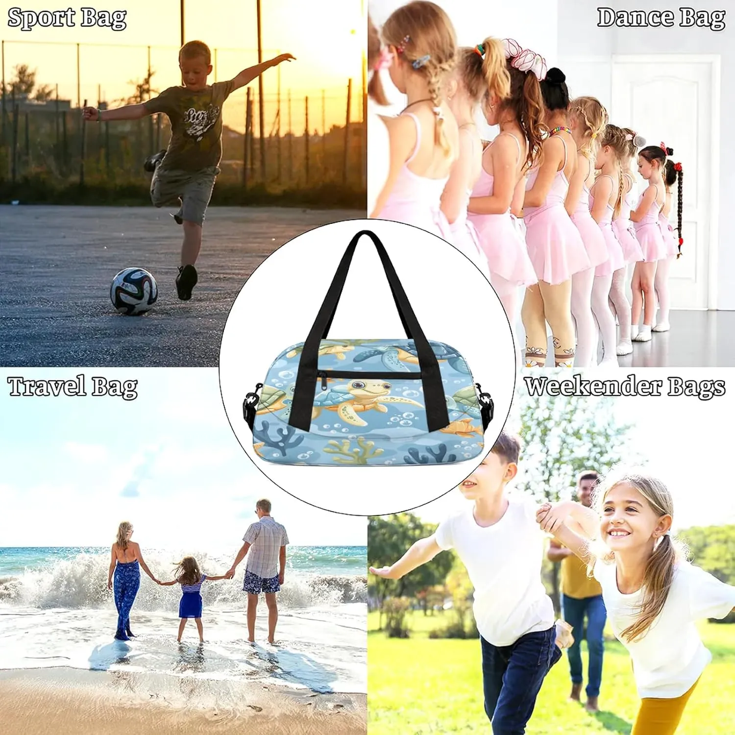 Sea Turtle Kids Duffel Bag Lightweight Waterproof Sports Gym Bag with Front Zipper Pocket Foldable Weekender Overnight Bag for School Practice Gymnastic Ballet