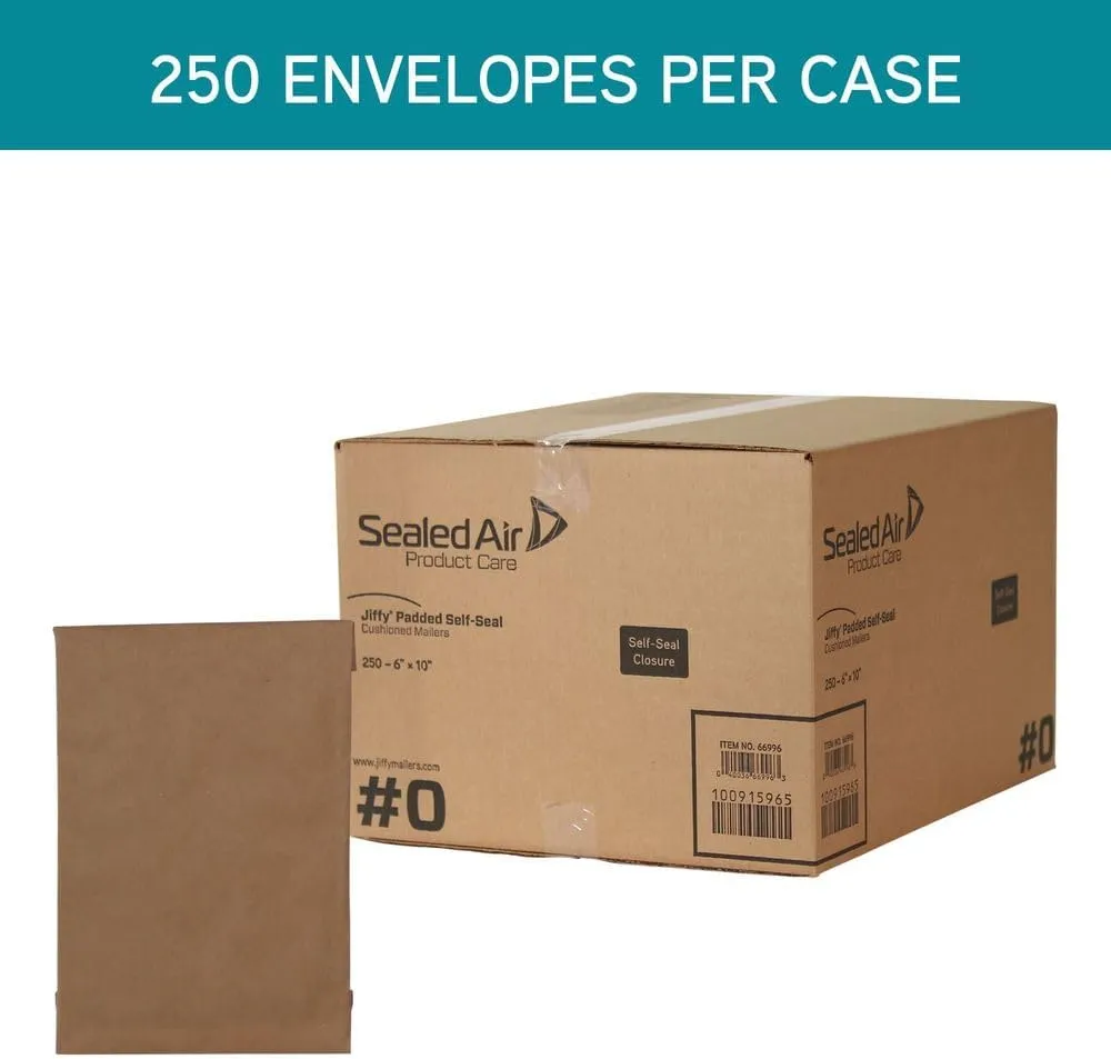 Sealed Air Jiffy Padded Shipping Mailers, Case of 250, Self Seal Heavy Duty Recycled Cushioned Mailing Envelope, #0-6" x 10", Kraft