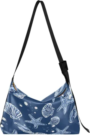 Seashells Starfish Hobo Crossbody Bags for Women Leather Large Shoulder Bag Cross Body Seafood Trendy Womens Tote Bags Handbag for Travel Shopping