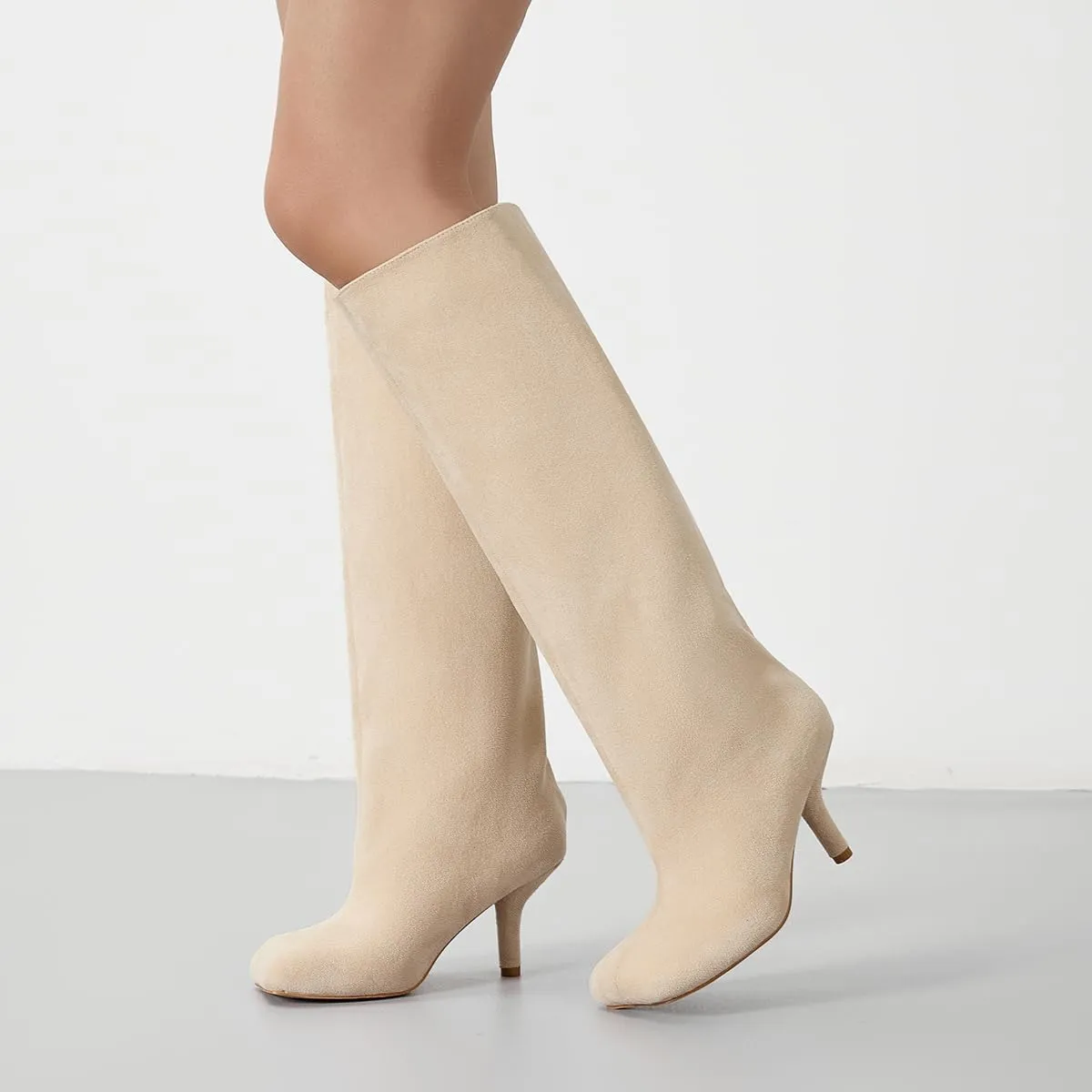 SEIFIN Suede Wide Calf Knee High Boots Stiletto Square Toe Long Booties Tall Cute Pull On High Heel Long Fashion Slouchy Winter Boots Ladies Fall Booties,Black