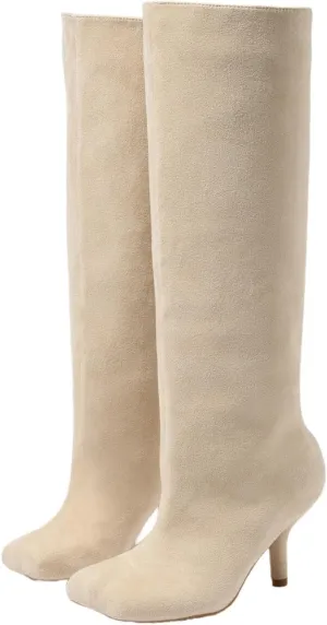 SEIFIN Suede Wide Calf Knee High Boots Stiletto Square Toe Long Booties Tall Cute Pull On High Heel Long Fashion Slouchy Winter Boots Ladies Fall Booties,Black