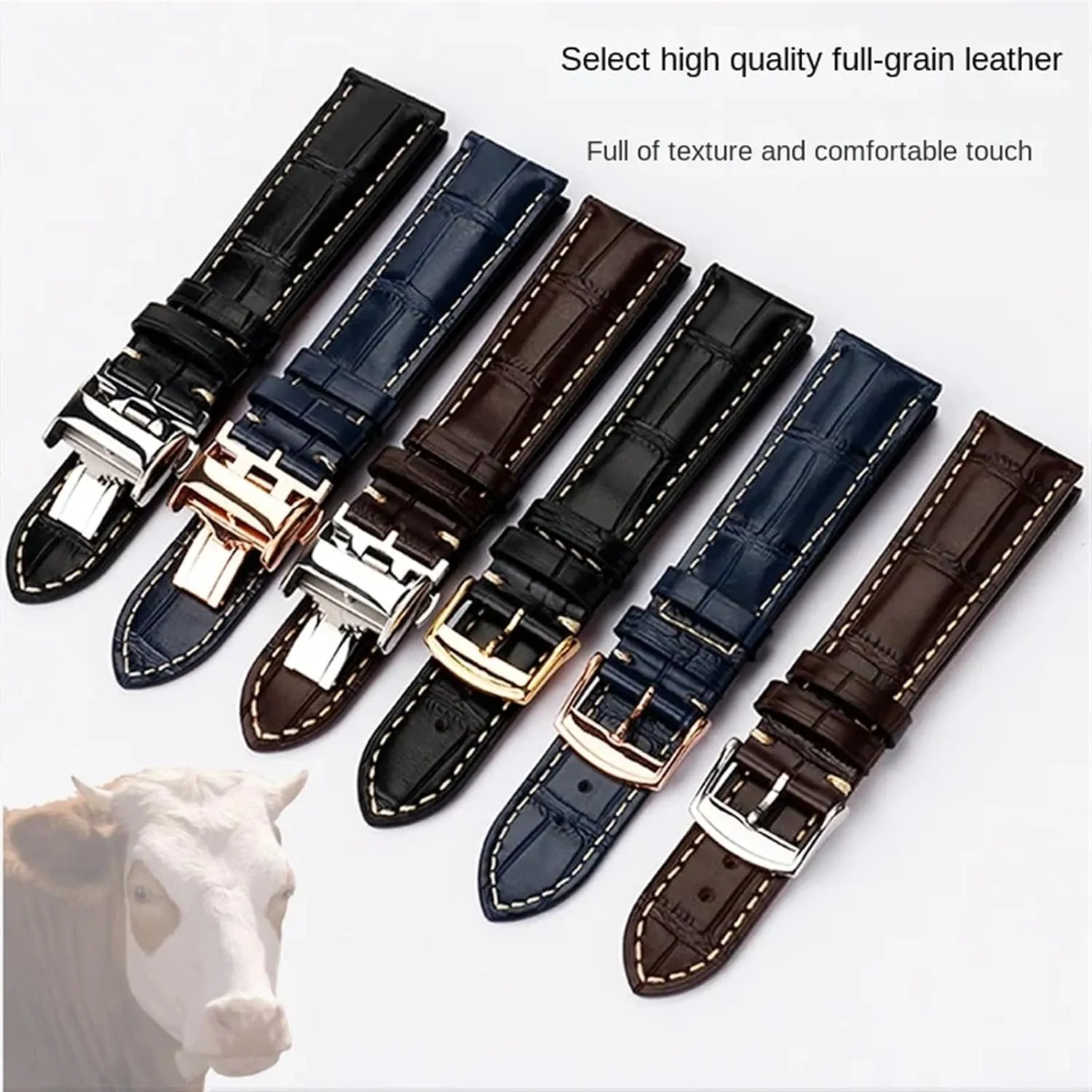 SERDAS 19mm 20mm 21mm Leather Wristband，For Masters Collection L3 L4 L2.628/L2.673 Watch Strap Cowhide Leather Butterfly Buckle watchband