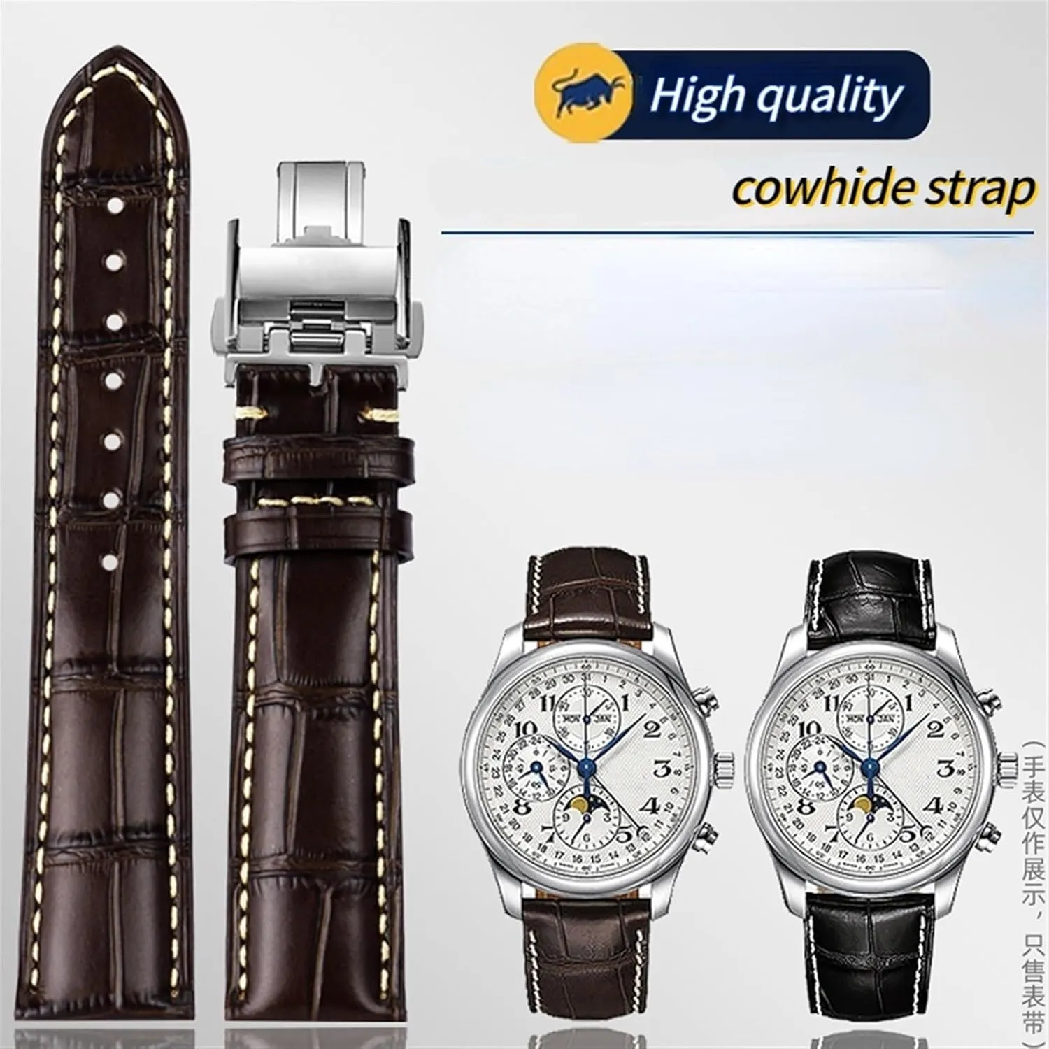 SERDAS 19mm 20mm 21mm Leather Wristband，For Masters Collection L3 L4 L2.628/L2.673 Watch Strap Cowhide Leather Butterfly Buckle watchband