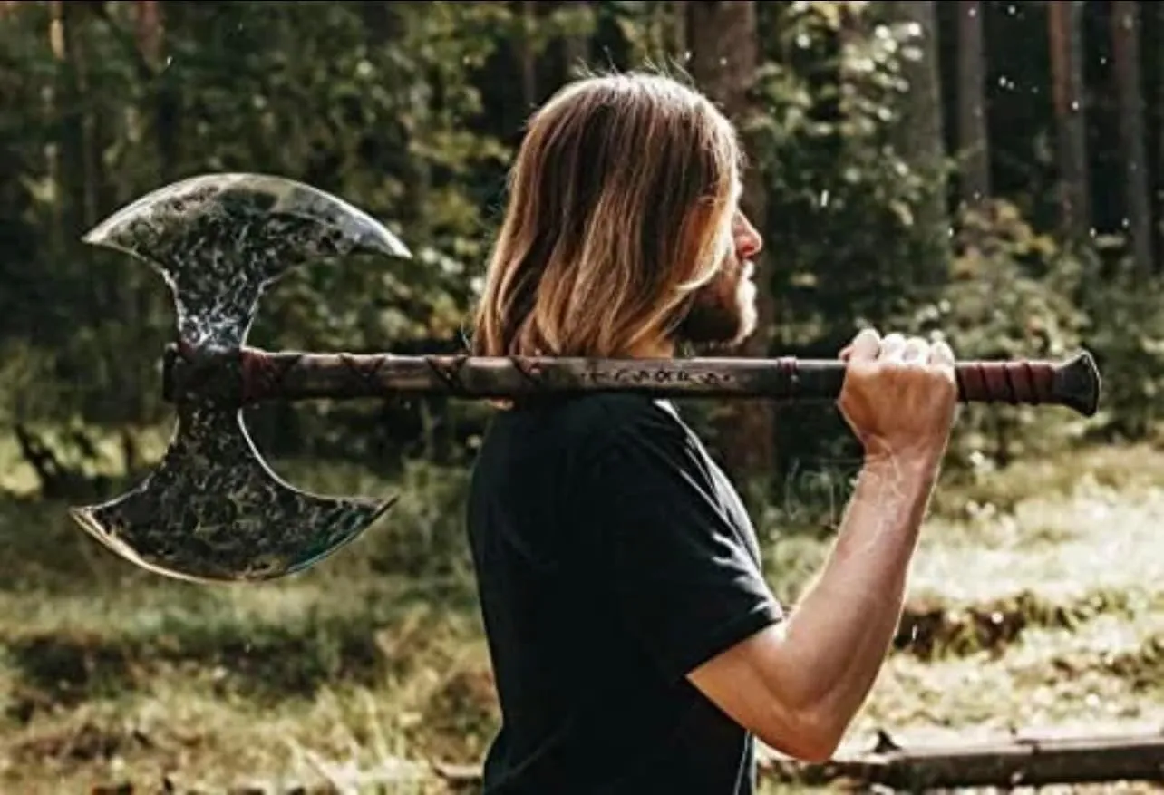 SHINY CRAFTS | 40" Handmade Double Head Berserker Axe, Large Norse Axe, Hand Forged Steel Axe,Double Blade Axe, Forest Axes Hewing Axe Broad Axe Hunting Axe Dane Axe (VBA-00)