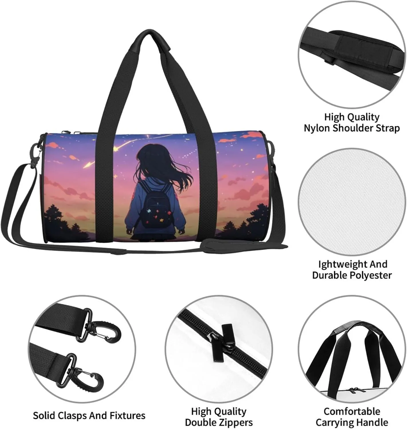 Shooting Star Heart Printed Travel Bag,Round Personal Item Storage bag,Foldie Duffel Bag for Traveling Vacation,Fitness,Sports