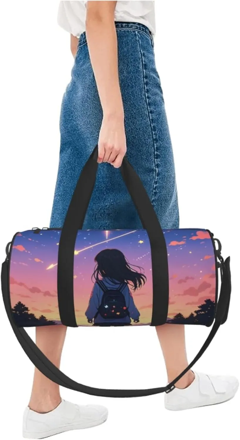 Shooting Star Heart Printed Travel Bag,Round Personal Item Storage bag,Foldie Duffel Bag for Traveling Vacation,Fitness,Sports