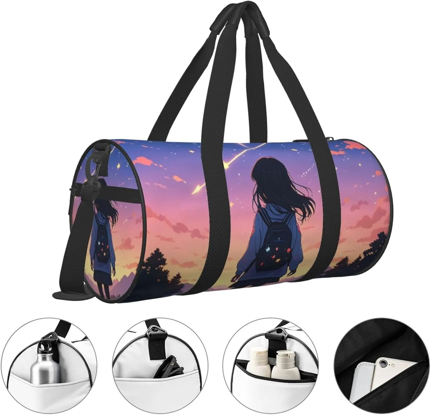 Shooting Star Heart Printed Travel Bag,Round Personal Item Storage bag,Foldie Duffel Bag for Traveling Vacation,Fitness,Sports