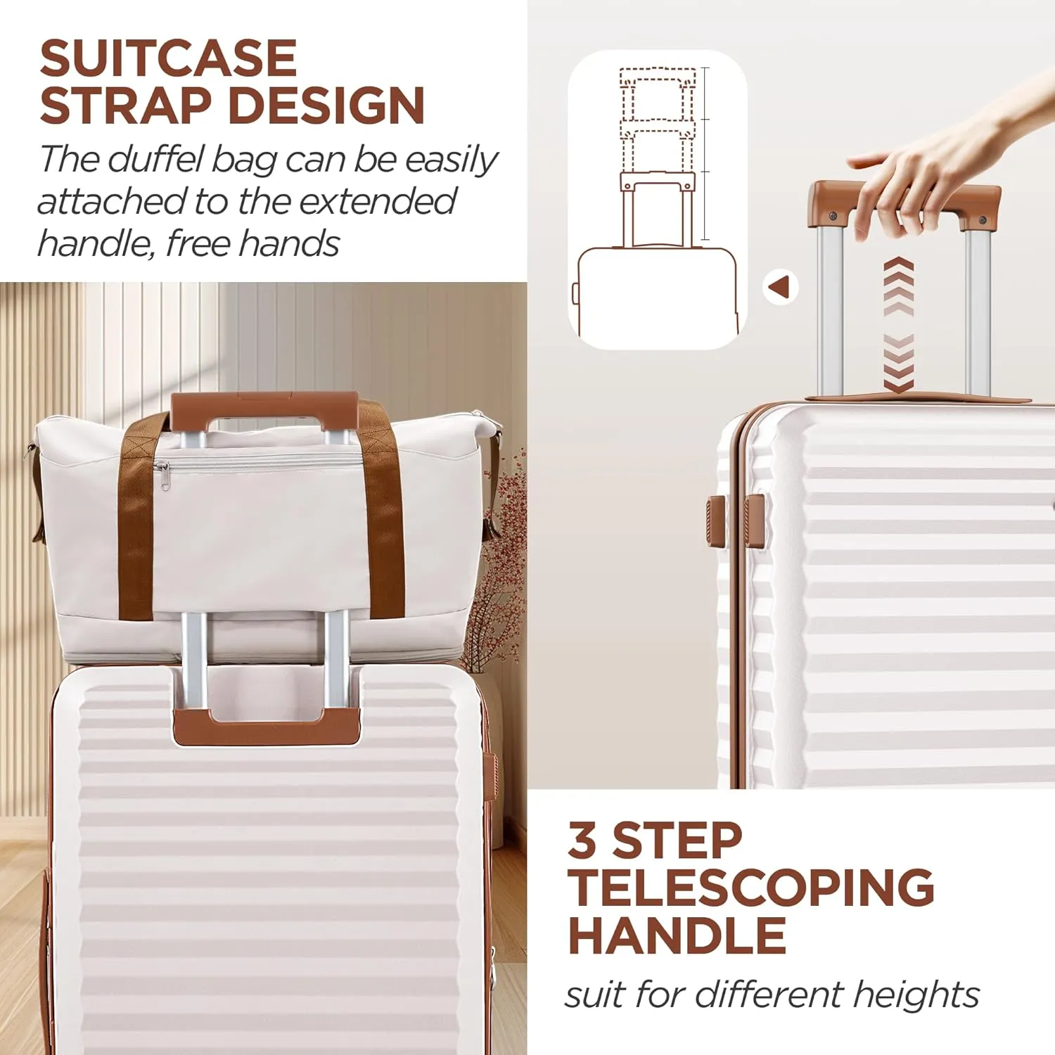 SHOWKOO Carry On Luggage Hardshell Lightweight Luggage Set, Suitcase with Double Spinner Wheels Tsa Lock White 3 piece set Beige White (DB/TB/20in)