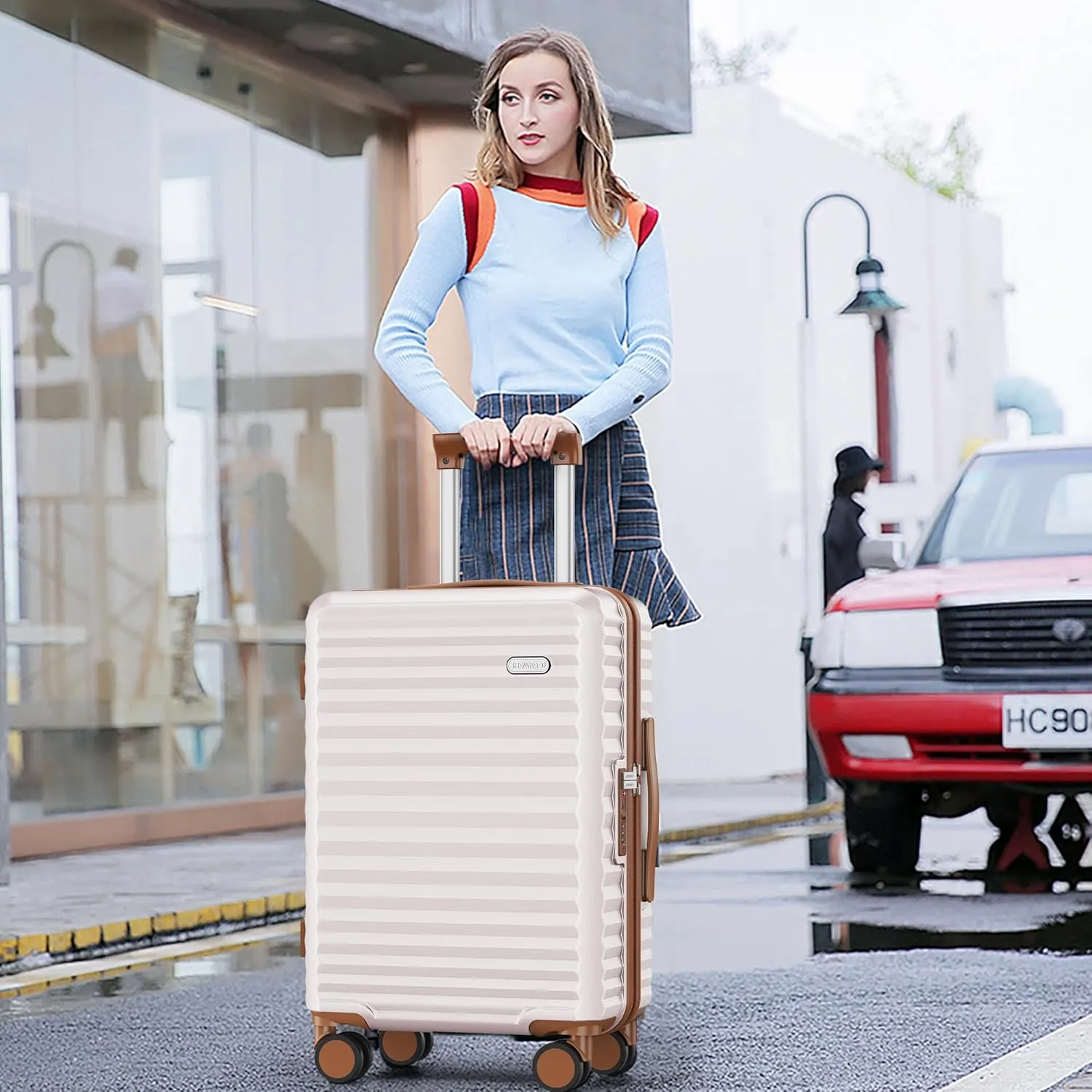 SHOWKOO Carry On Luggage Hardshell Lightweight Luggage Set, Suitcase with Double Spinner Wheels Tsa Lock White 3 piece set Beige White (DB/TB/20in)