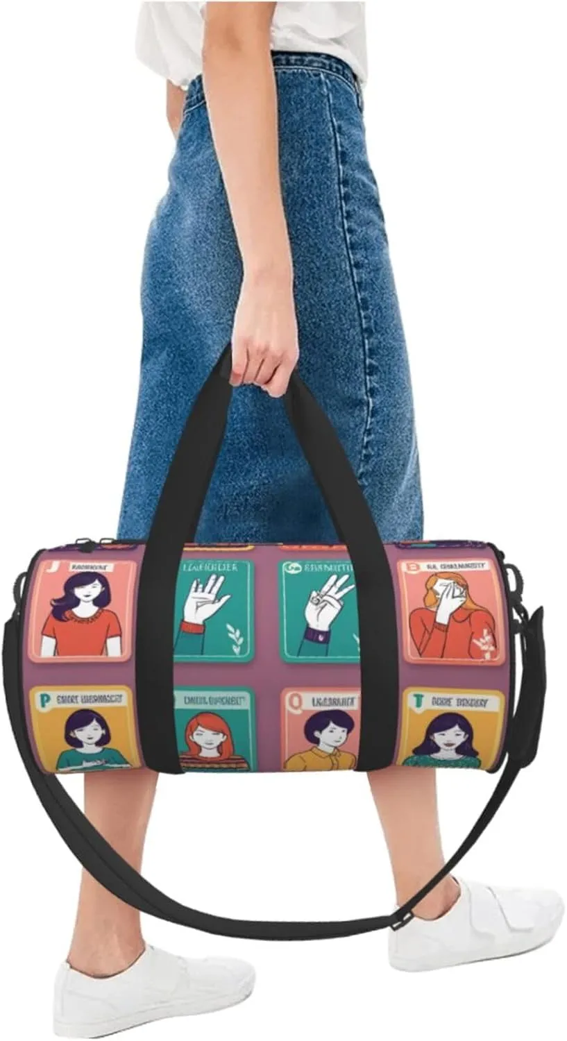Sign Language Alphabet Printed Travel Bag,Round Personal Item Storage bag,Foldie Duffel Bag for Traveling Vacation,Fitness,Sports