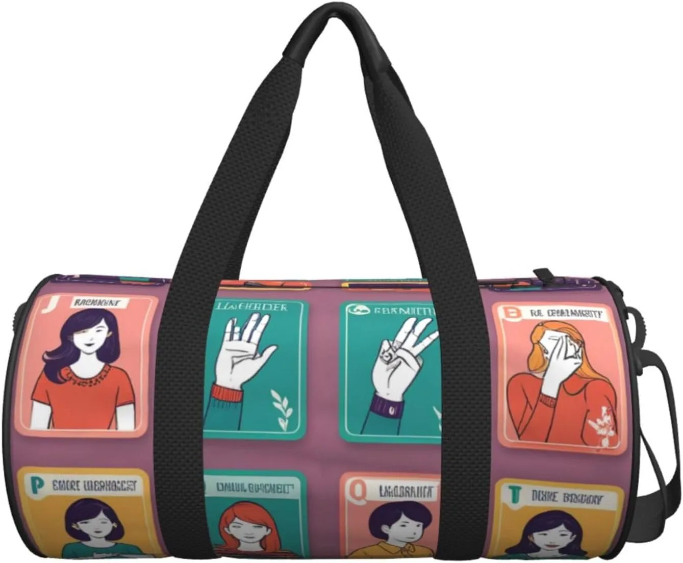 Sign Language Alphabet Printed Travel Bag,Round Personal Item Storage bag,Foldie Duffel Bag for Traveling Vacation,Fitness,Sports
