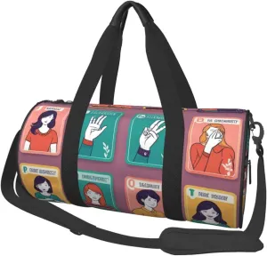 Sign Language Alphabet Printed Travel Bag,Round Personal Item Storage bag,Foldie Duffel Bag for Traveling Vacation,Fitness,Sports