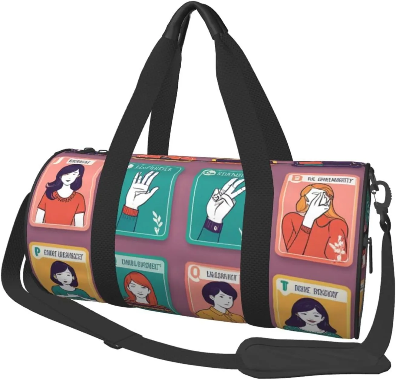 Sign Language Alphabet Printed Travel Bag,Round Personal Item Storage bag,Foldie Duffel Bag for Traveling Vacation,Fitness,Sports