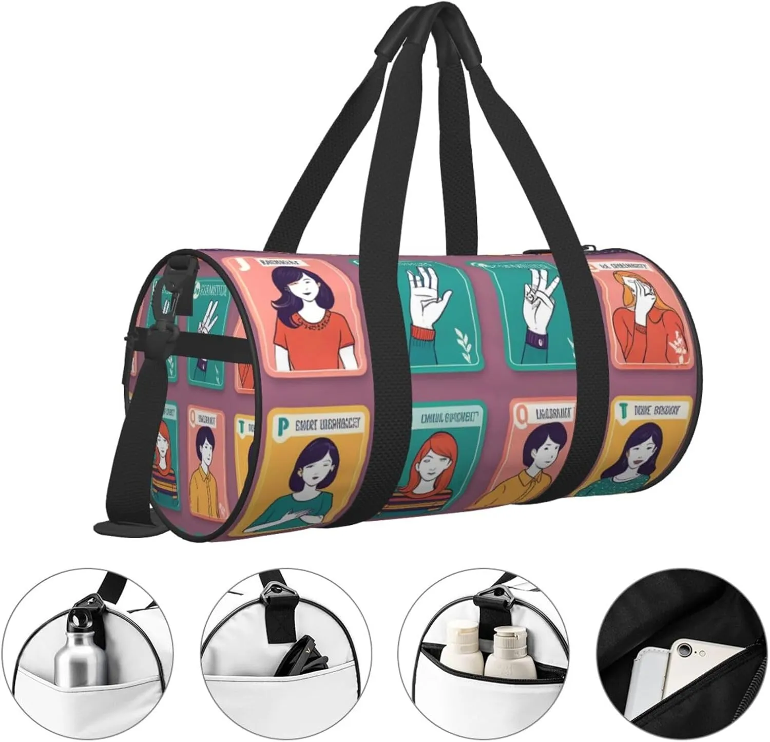 Sign Language Alphabet Printed Travel Bag,Round Personal Item Storage bag,Foldie Duffel Bag for Traveling Vacation,Fitness,Sports