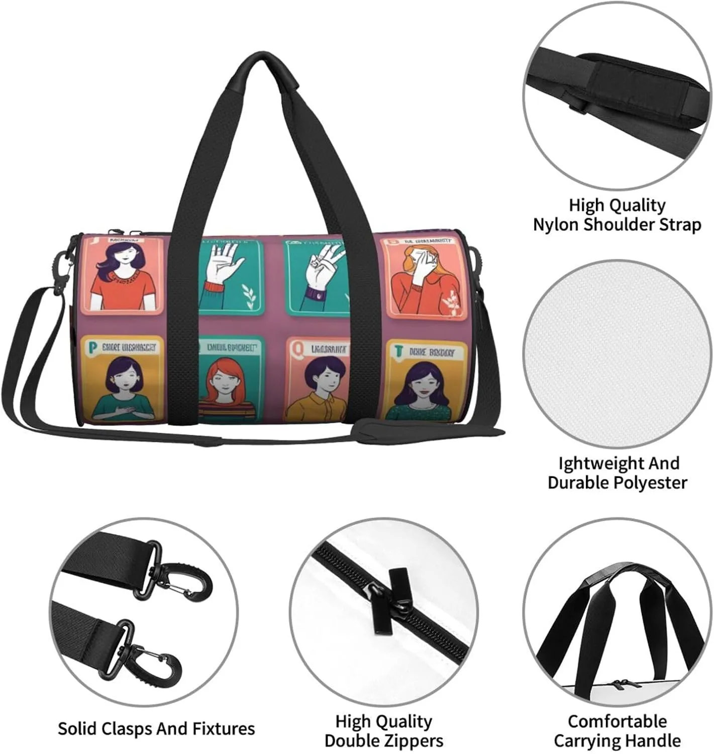 Sign Language Alphabet Printed Travel Bag,Round Personal Item Storage bag,Foldie Duffel Bag for Traveling Vacation,Fitness,Sports