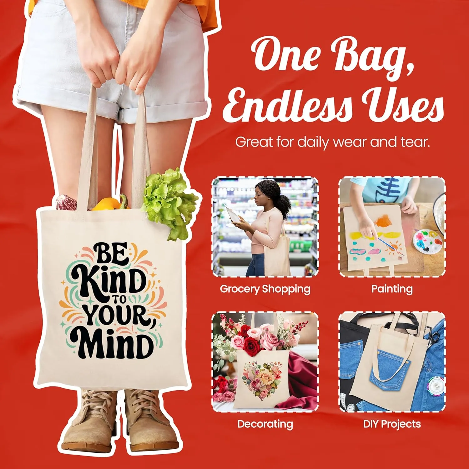 Simply Cool 20-Pack Canvas Tote Bags Bulk, Reusable, Grocery Medium Lightweight Cotton Cloth Bags for Promotion, Advertising, DIY Projects, Crafts, Painting, Embroidery, Custom Logo
