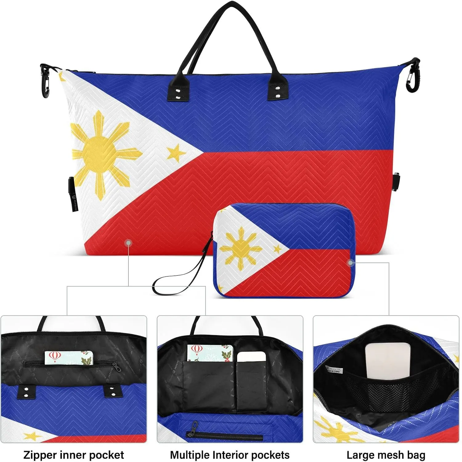 Sinestour Philippines Flag Travel Duffel Bag for Men Women with Makeup Bag Weekend Overnight Carry On Bags for Travel Getaway Weekend