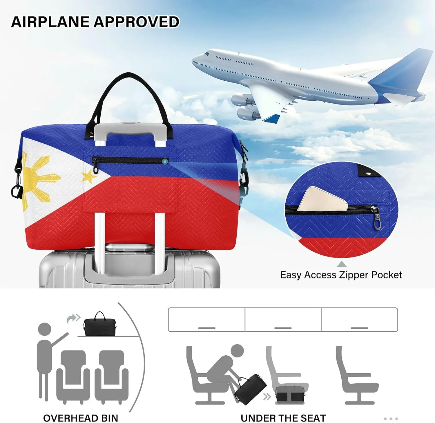 Sinestour Philippines Flag Travel Duffel Bag for Men Women with Makeup Bag Weekend Overnight Carry On Bags for Travel Getaway Weekend