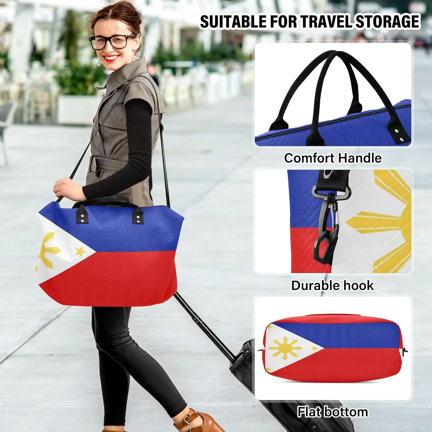 Sinestour Philippines Flag Travel Duffel Bag for Men Women with Makeup Bag Weekend Overnight Carry On Bags for Travel Getaway Weekend