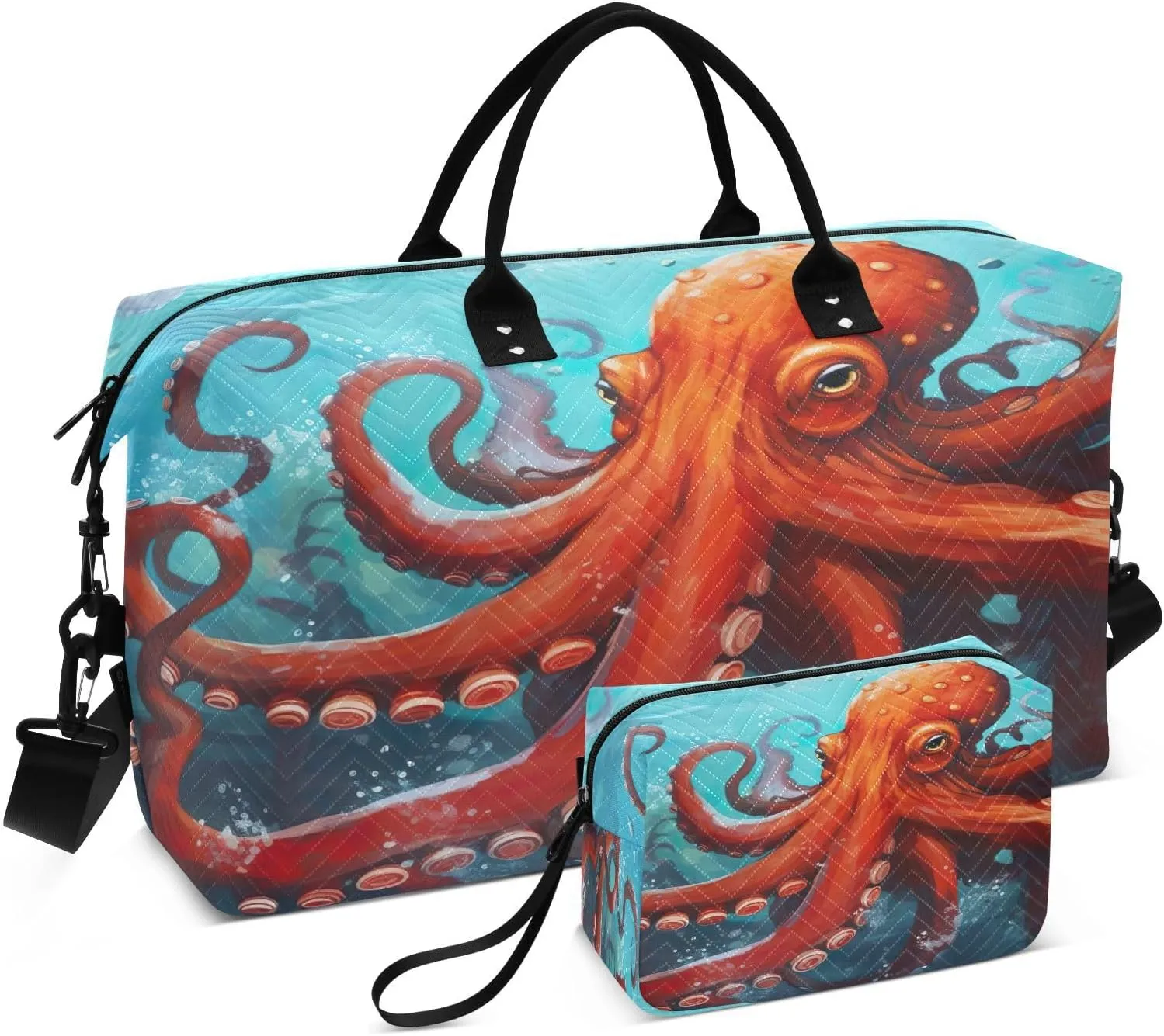 Sinestour Vintage Red Octopus Underwater Travel Duffel Bag for Men Women with Makeup Bag Weekend Overnight Carry On Bags for Travel Hospital Gym