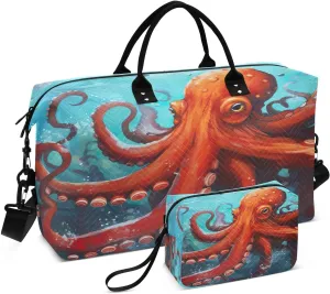 Sinestour Vintage Red Octopus Underwater Travel Duffel Bag for Men Women with Makeup Bag Weekend Overnight Carry On Bags for Travel Hospital Gym
