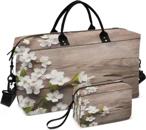 Sinestour Wooden Flowers Travel Duffel Bag for Men Women with Makeup Bag Weekend Overnight Carry On Bags for Airline Under Seat Travel