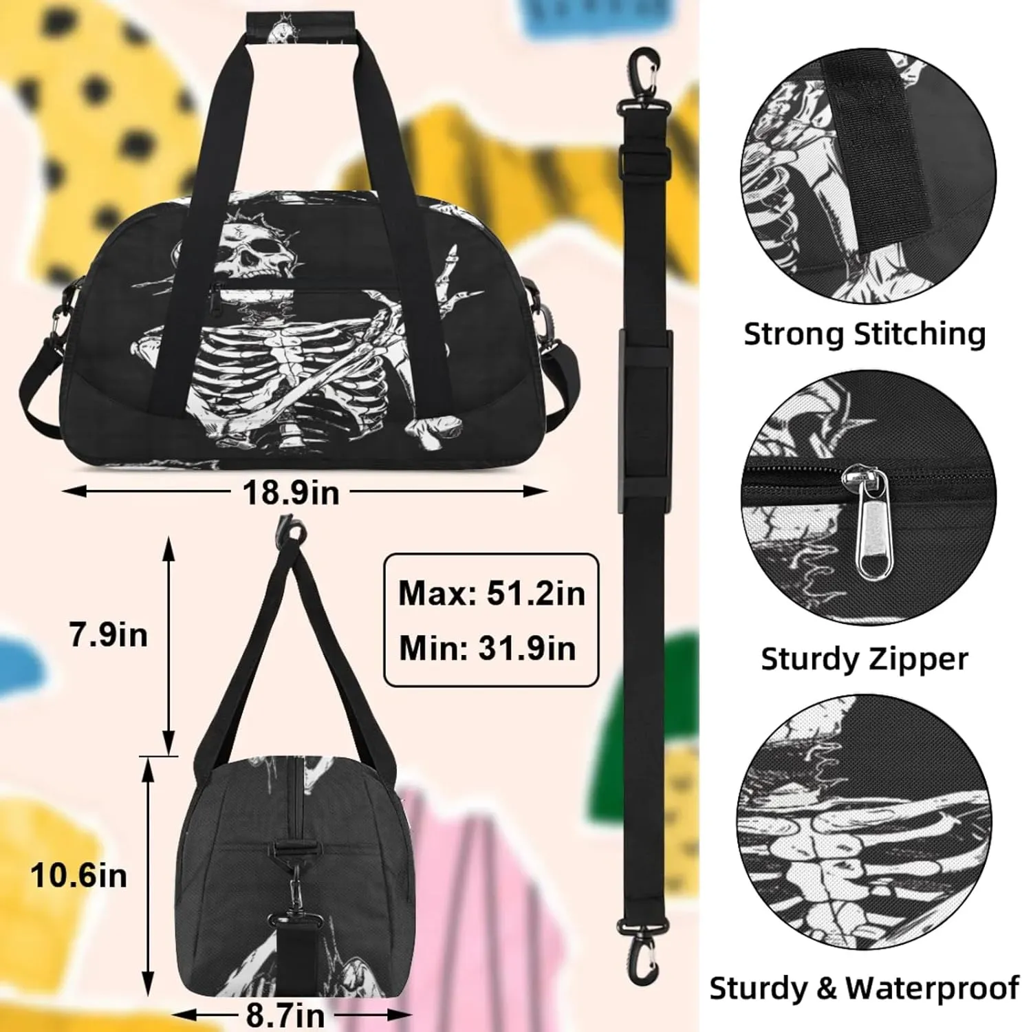 Skeleton Funny Skull Small Gym Bag 18 inch Carry On Duffel Bag for Weekender Travel Sports Workout Yoga Gymnastics Dance Ballet