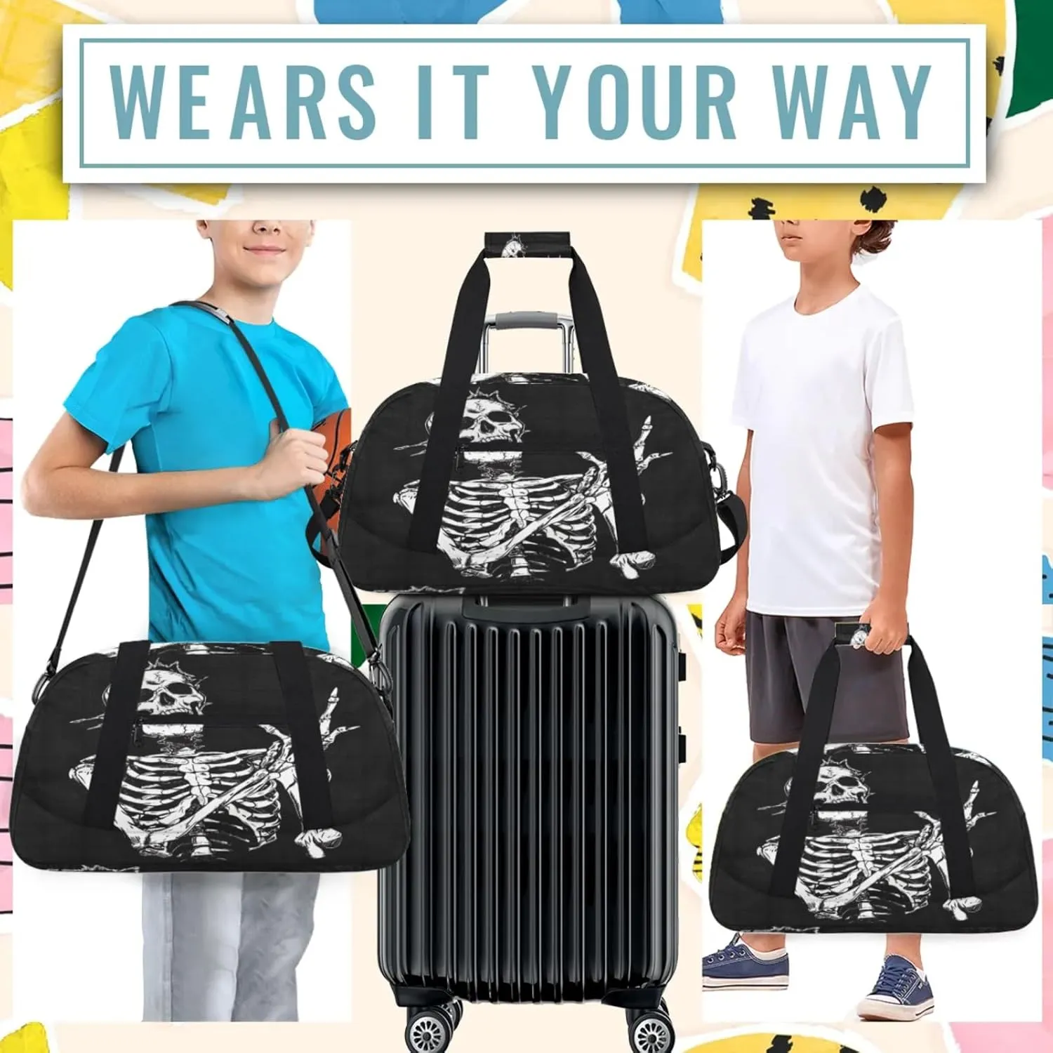 Skeleton Funny Skull Small Gym Bag 18 inch Carry On Duffel Bag for Weekender Travel Sports Workout Yoga Gymnastics Dance Ballet