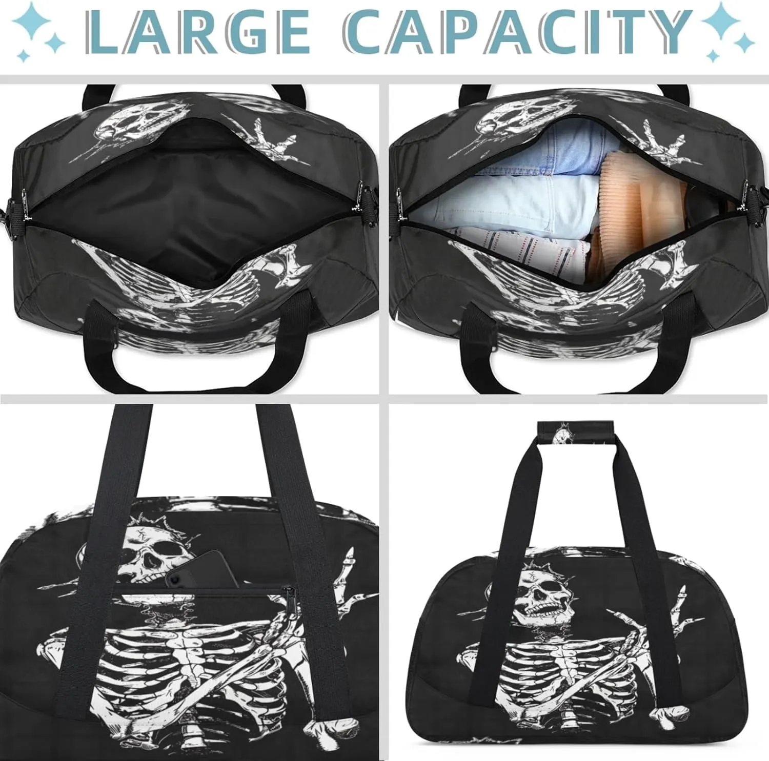 Skeleton Funny Skull Small Gym Bag 18 inch Carry On Duffel Bag for Weekender Travel Sports Workout Yoga Gymnastics Dance Ballet