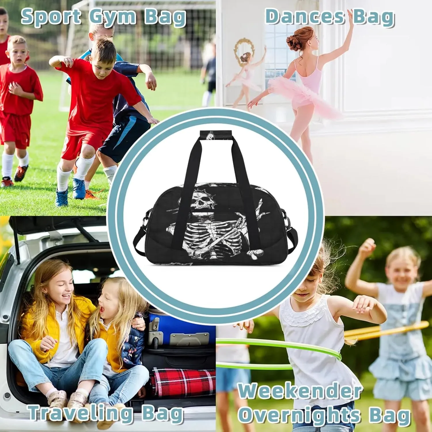 Skeleton Funny Skull Small Gym Bag 18 inch Carry On Duffel Bag for Weekender Travel Sports Workout Yoga Gymnastics Dance Ballet