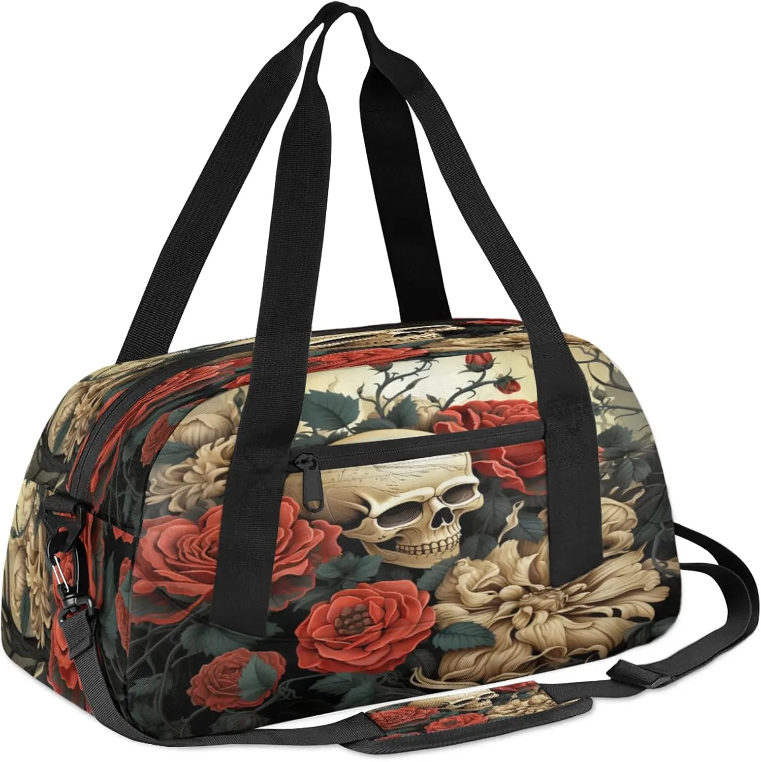 Skeleton Rose Kids Duffel Bag Lightweight Waterproof Sports Gym Bag with Front Zipper Pocket Foldable Weekender Overnight Bag for School Practice Gymnastic Ballet