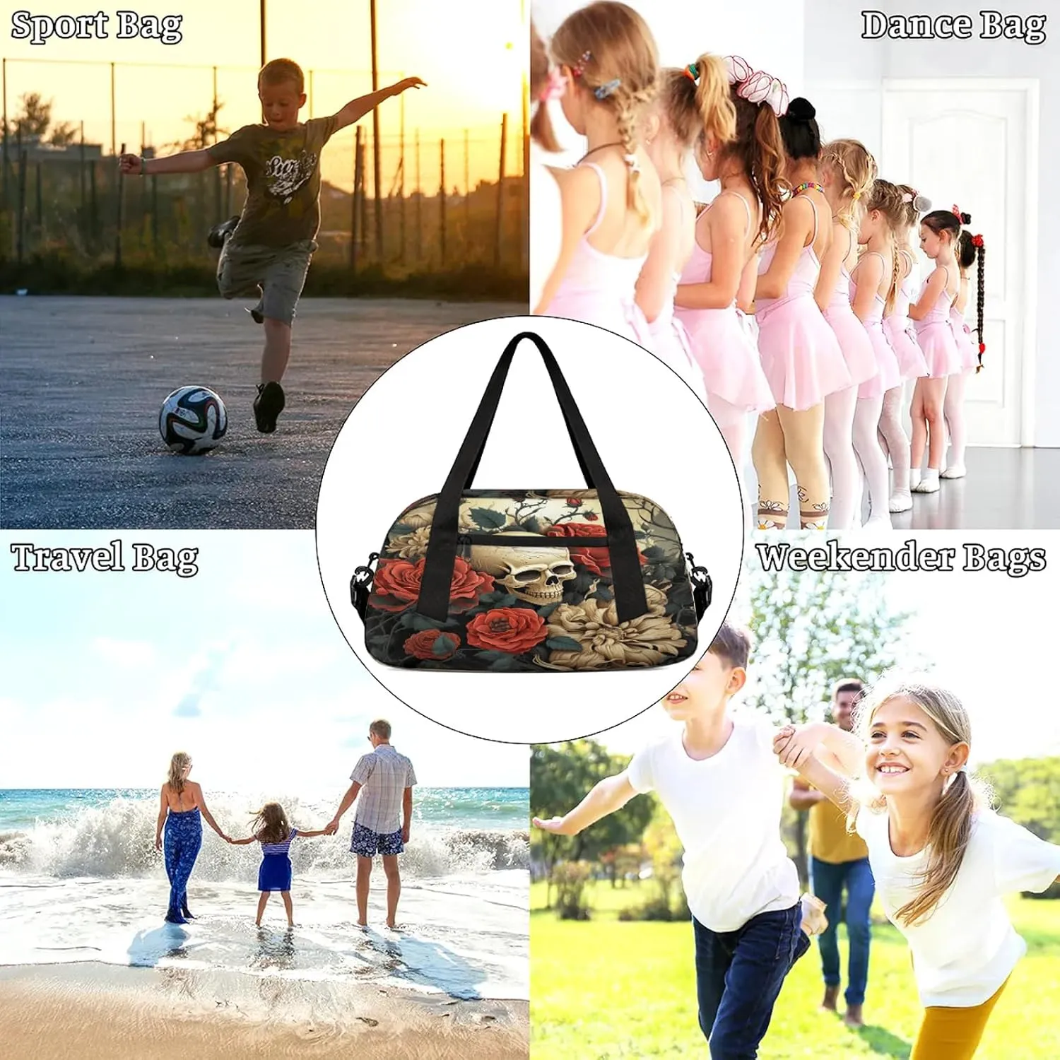 Skeleton Rose Kids Duffel Bag Lightweight Waterproof Sports Gym Bag with Front Zipper Pocket Foldable Weekender Overnight Bag for School Practice Gymnastic Ballet