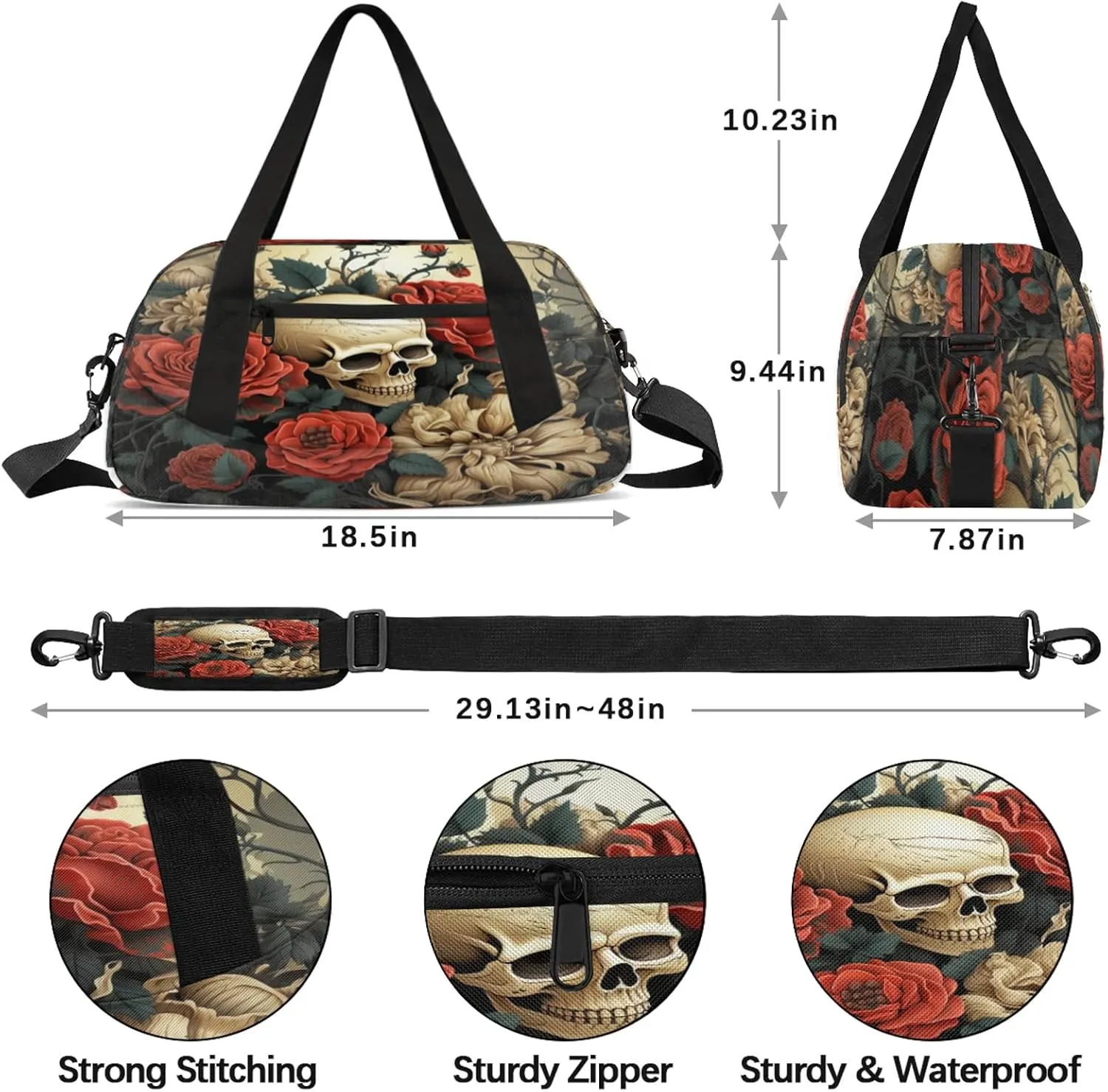 Skeleton Rose Kids Duffel Bag Lightweight Waterproof Sports Gym Bag with Front Zipper Pocket Foldable Weekender Overnight Bag for School Practice Gymnastic Ballet
