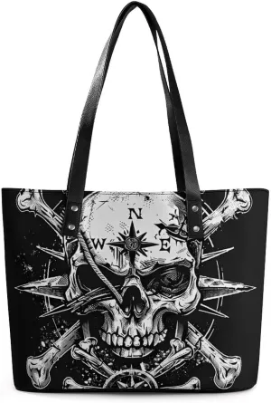 Skull Navigation Bones Compass Women's Tote Shoulder Bag Handbag Top Handle Leather 29 * 34 * 14cm