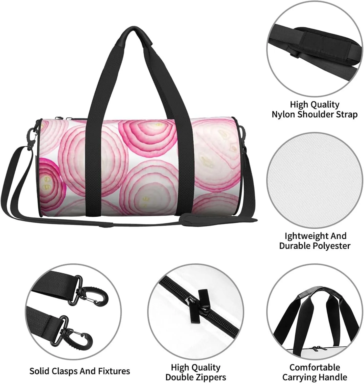 Sliced Pinks Onion Slices Round Travel Duffel Bag Large Capacity Gym Sports Bags for Hiking Vacation Trips